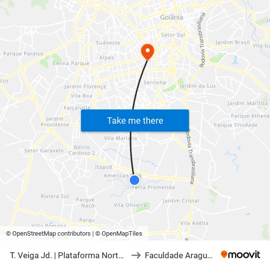 T. Veiga Jd. | Plataforma Norte 5 to Faculdade Araguaia map