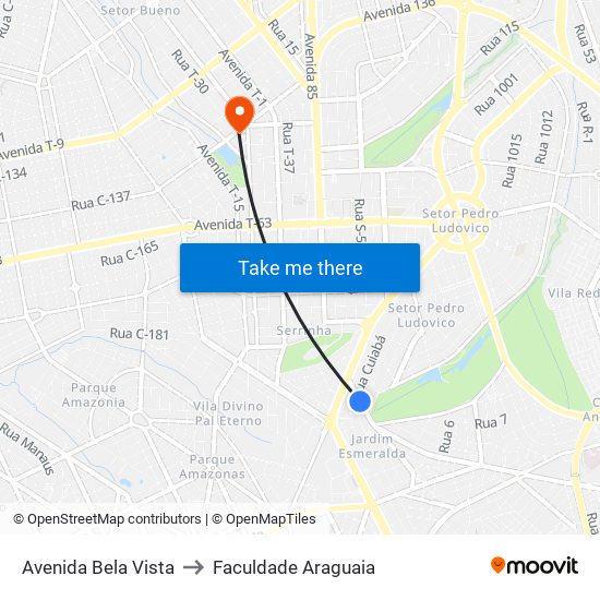 Avenida Bela Vista to Faculdade Araguaia map
