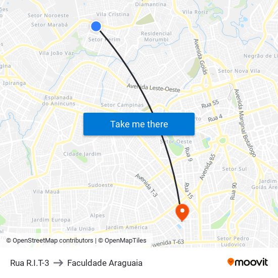 Rua R.I.T-3 to Faculdade Araguaia map