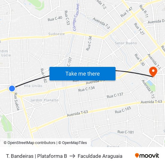 T. Bandeiras | Plataforma B to Faculdade Araguaia map