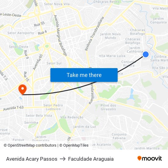 Avenida Acary Passos to Faculdade Araguaia map