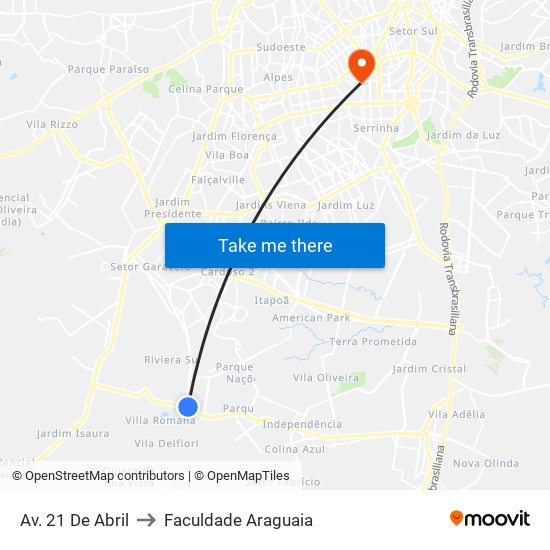 Av. 21 De Abril to Faculdade Araguaia map
