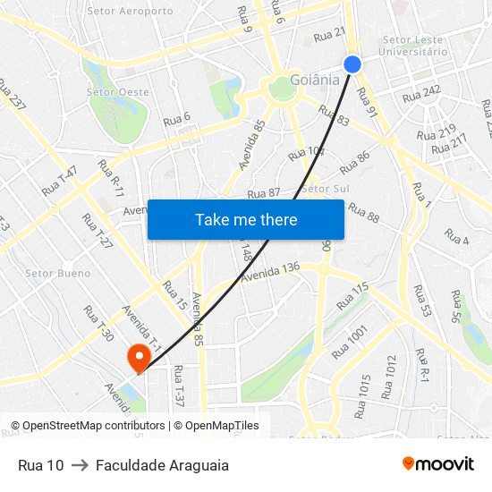 Rua 10 to Faculdade Araguaia map