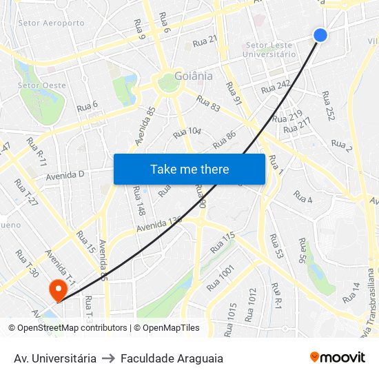 Av. Universitária to Faculdade Araguaia map