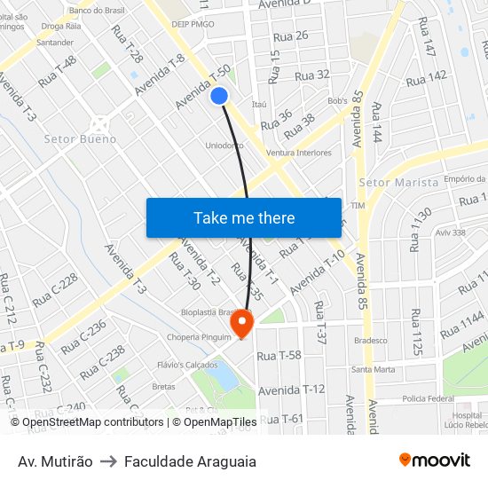 Av. Mutirão to Faculdade Araguaia map