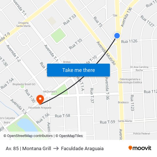 Av. 85 | Montana Grill to Faculdade Araguaia map