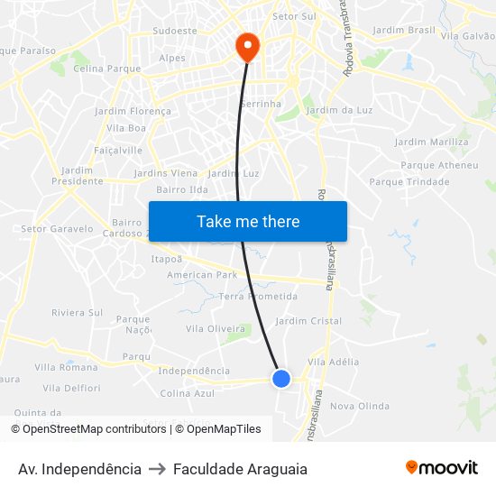 Av. Independência to Faculdade Araguaia map