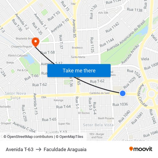 Avenida T-63 to Faculdade Araguaia map