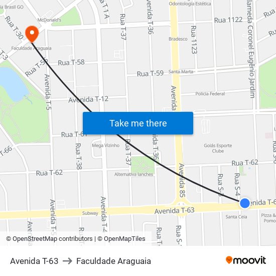 Avenida T-63 to Faculdade Araguaia map