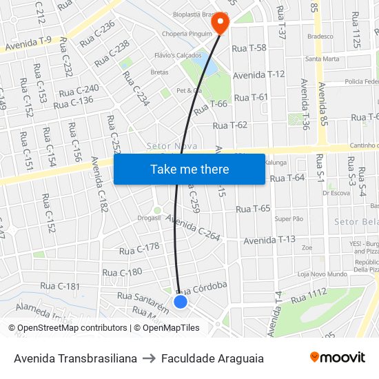 Avenida Transbrasiliana to Faculdade Araguaia map