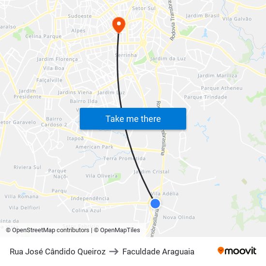 Rua José Cândido Queiroz to Faculdade Araguaia map