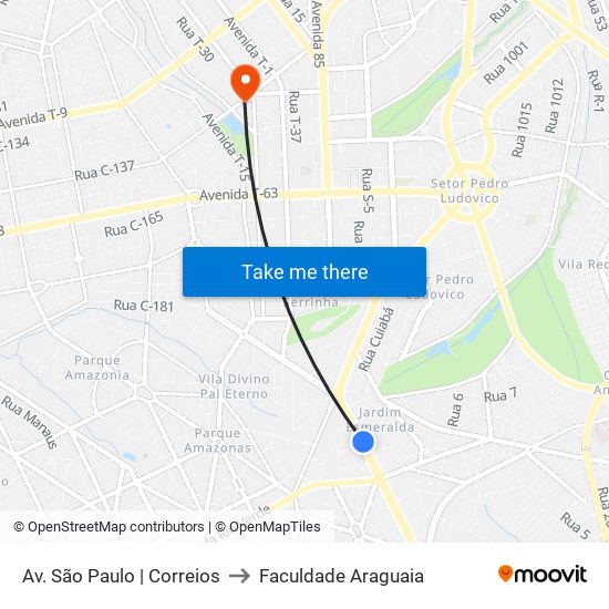 Av. São Paulo | Correios to Faculdade Araguaia map