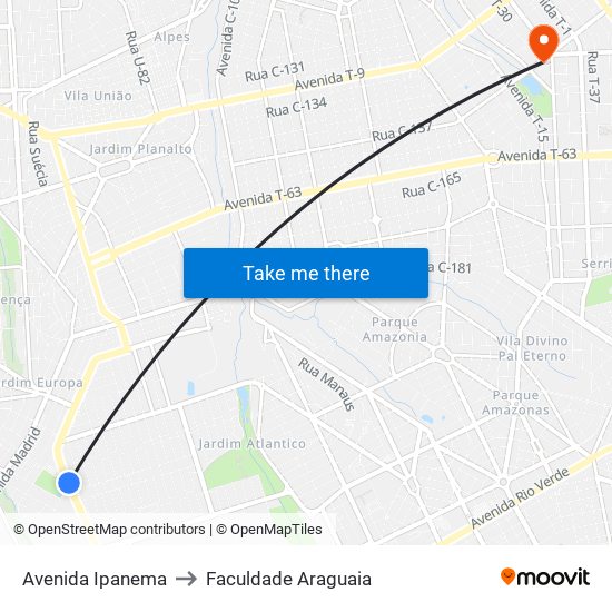 Avenida Ipanema to Faculdade Araguaia map