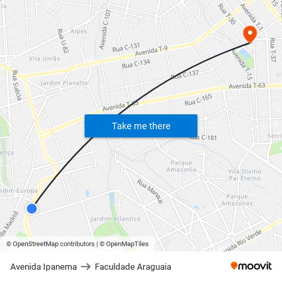 Avenida Ipanema to Faculdade Araguaia map