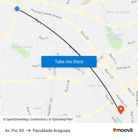 Av. Pio XII to Faculdade Araguaia map