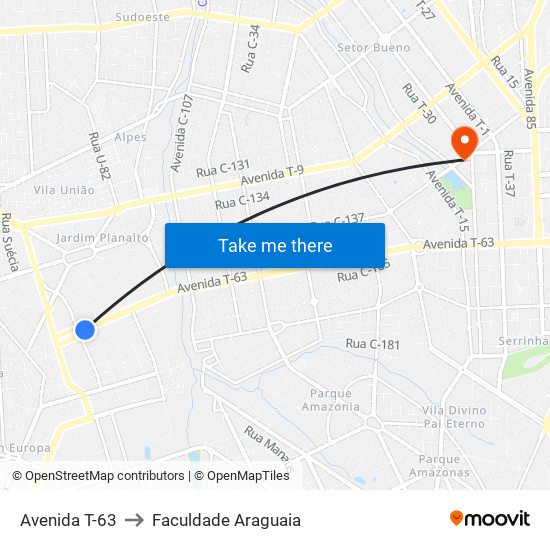 Avenida T-63 to Faculdade Araguaia map