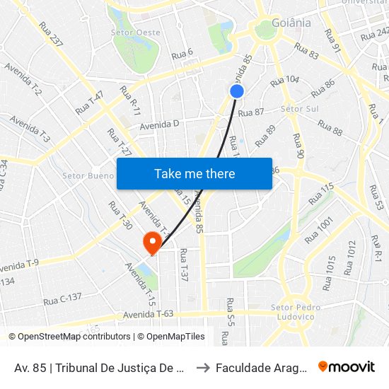 Av. 85 | Tribunal De Justiça De Goiás to Faculdade Araguaia map