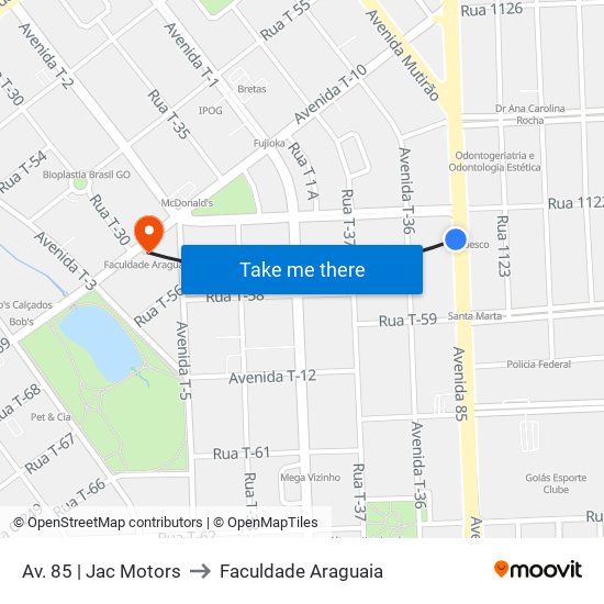 Av. 85 | Jac Motors to Faculdade Araguaia map