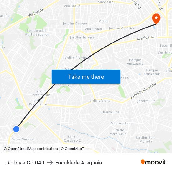 Rodovia Go-040 to Faculdade Araguaia map
