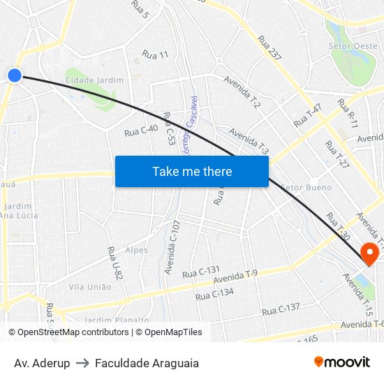 Av. Aderup to Faculdade Araguaia map