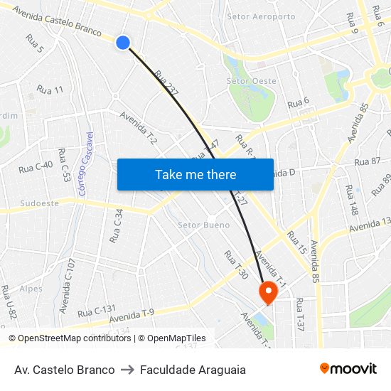 Av. Castelo Branco to Faculdade Araguaia map