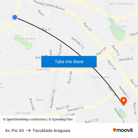 Av. Pio XII to Faculdade Araguaia map