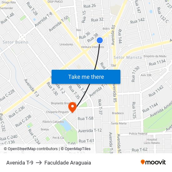 Avenida T-9 to Faculdade Araguaia map