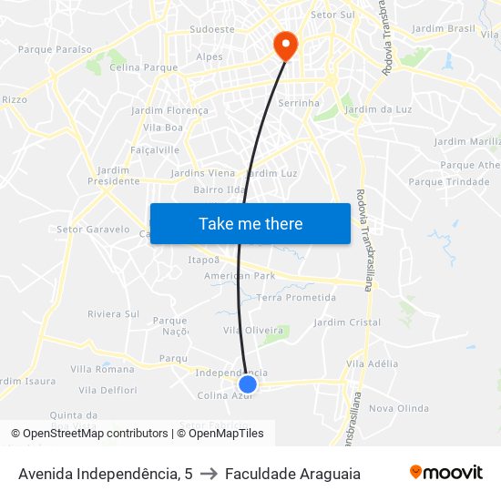Avenida Independência, 5 to Faculdade Araguaia map