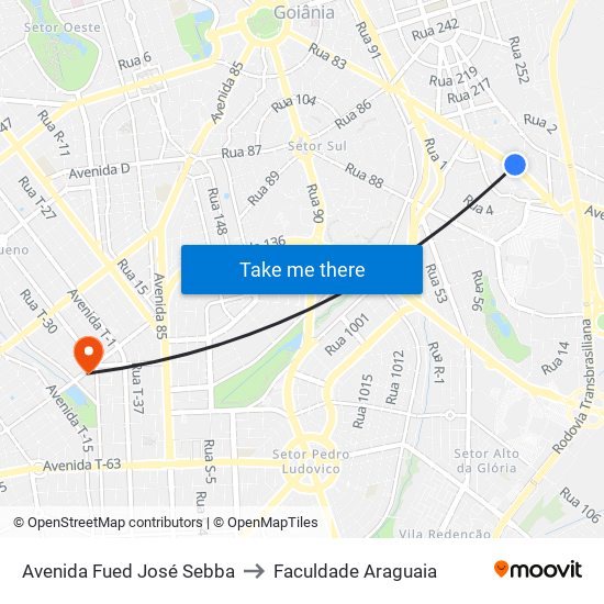 Avenida Fued José Sebba to Faculdade Araguaia map