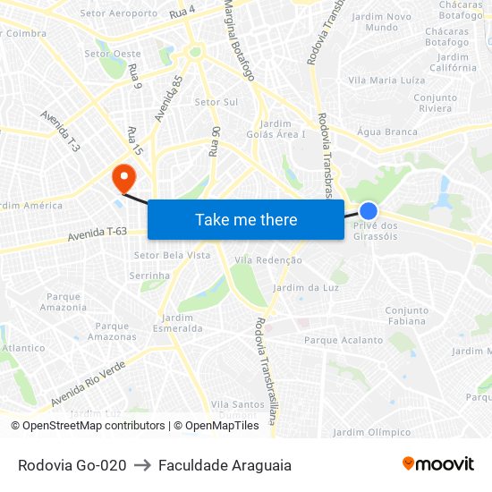 Rodovia Go-020 to Faculdade Araguaia map