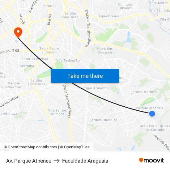 Av. Parque Atheneu to Faculdade Araguaia map