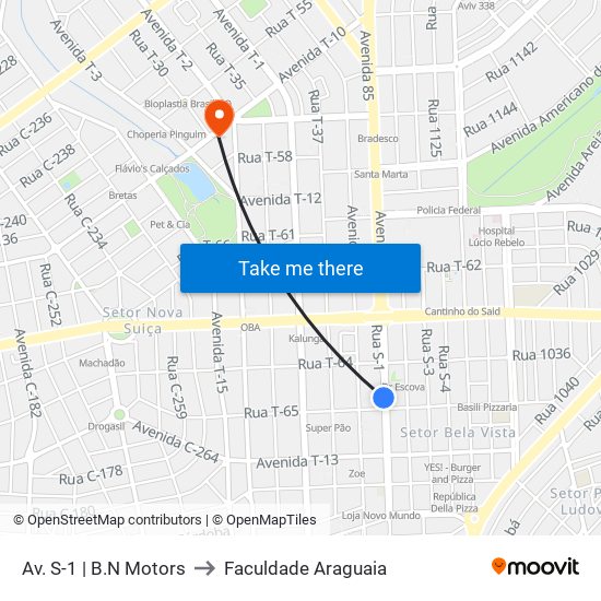 Av. S-1 | B.N Motors to Faculdade Araguaia map