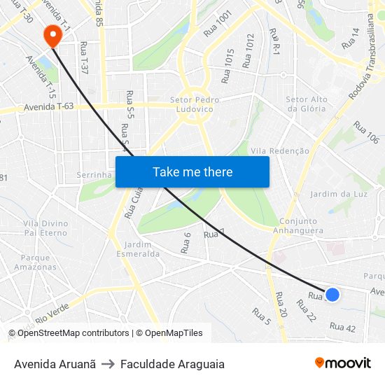 Avenida Aruanã to Faculdade Araguaia map