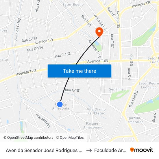 Avenida Senador José Rodrigues Morais Neto to Faculdade Araguaia map