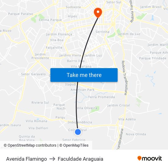 Avenida Flamingo to Faculdade Araguaia map