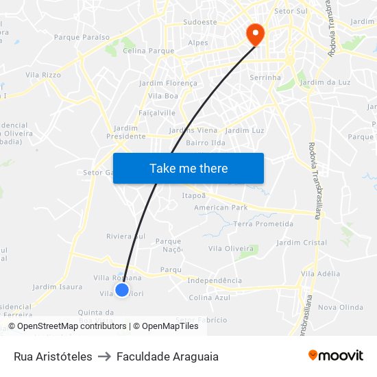 Rua Aristóteles to Faculdade Araguaia map