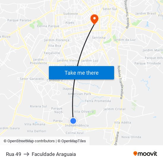 Rua 49 to Faculdade Araguaia map