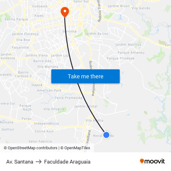 Av. Santana to Faculdade Araguaia map