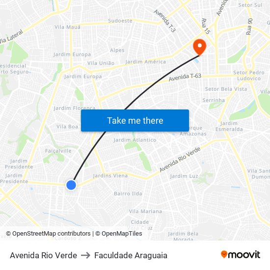 Avenida Rio Verde to Faculdade Araguaia map