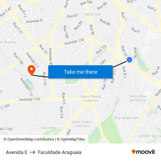Avenida E to Faculdade Araguaia map