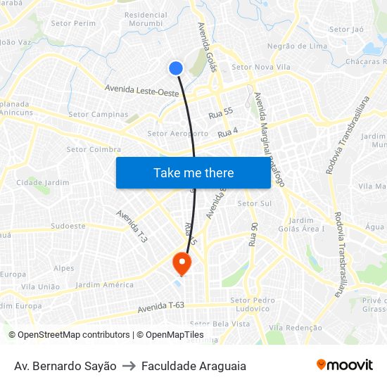 Av. Bernardo Sayão to Faculdade Araguaia map