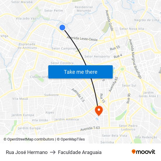 Rua José Hermano to Faculdade Araguaia map