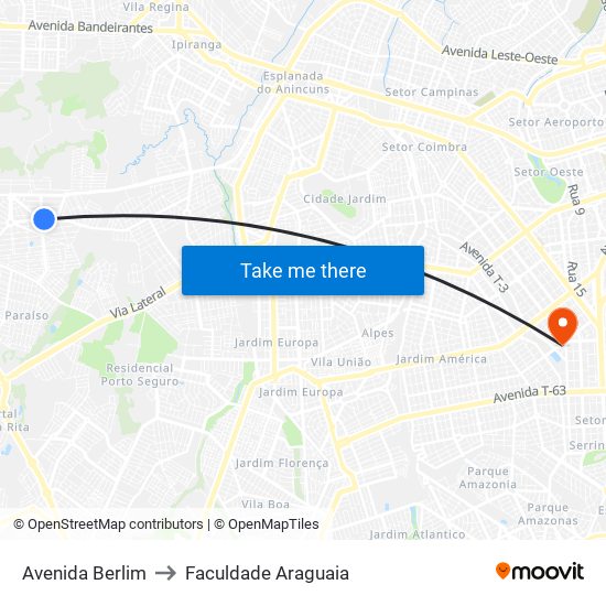 Avenida Berlim to Faculdade Araguaia map