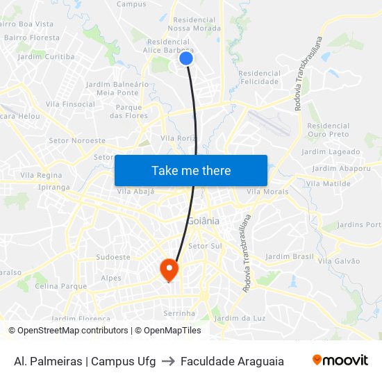 Al. Palmeiras | Campus Ufg to Faculdade Araguaia map