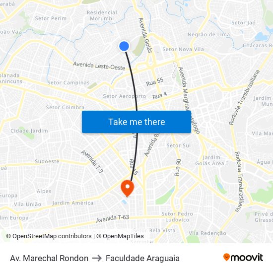 Av. Marechal Rondon to Faculdade Araguaia map