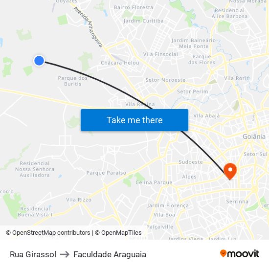 Rua Girassol to Faculdade Araguaia map