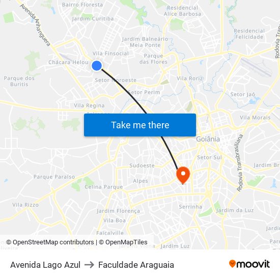 Avenida Lago Azul to Faculdade Araguaia map