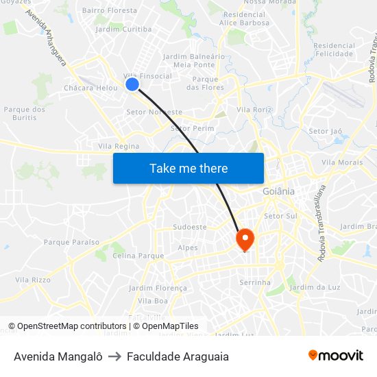 Avenida Mangalô to Faculdade Araguaia map