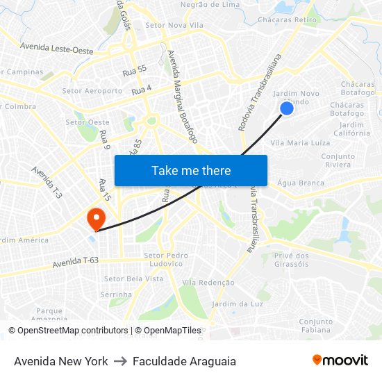 Avenida New York to Faculdade Araguaia map