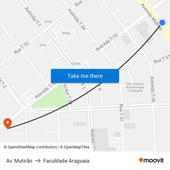 Av. Mutirão to Faculdade Araguaia map